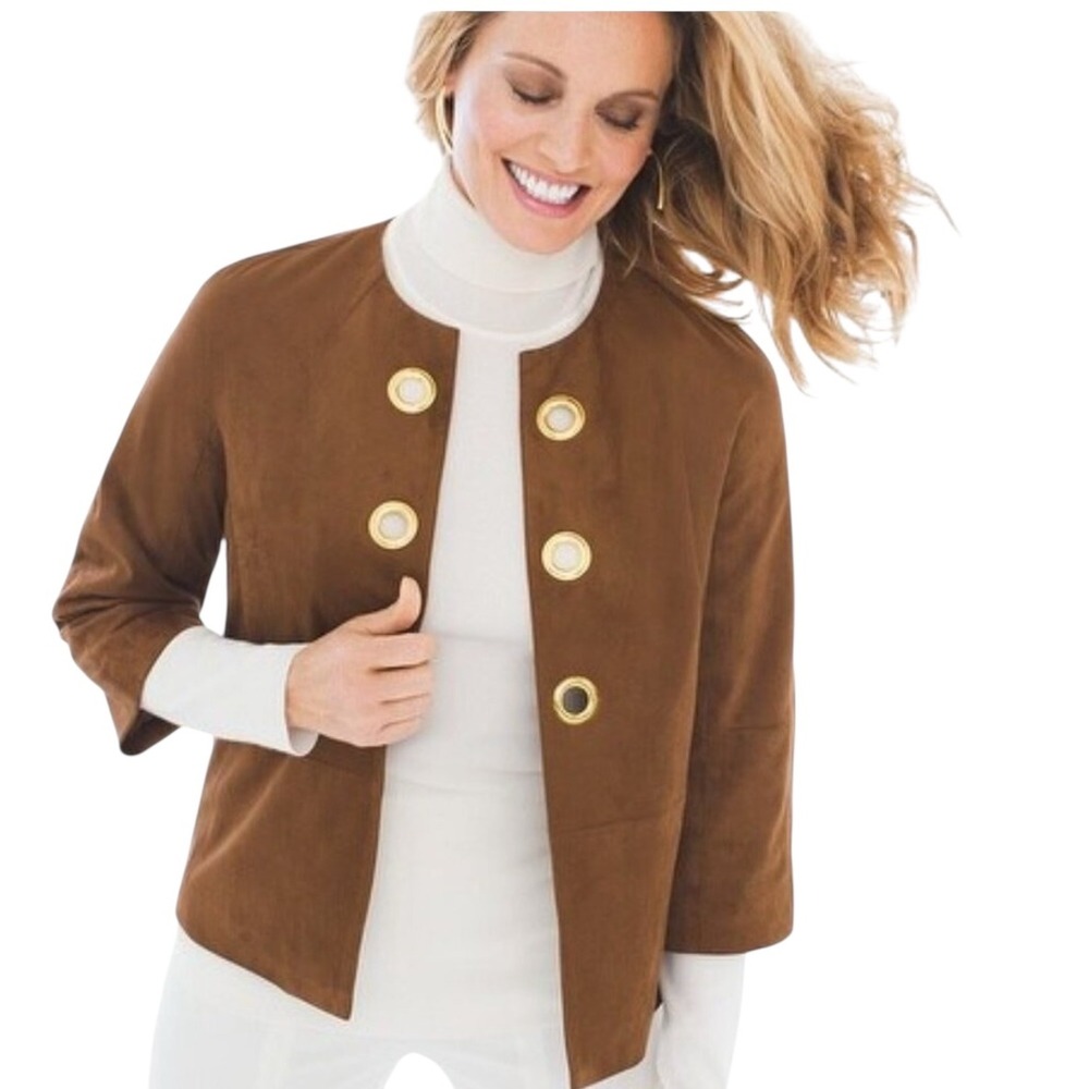 Chicos Womens‎ Brown Faux Suede Eyelet Grommet Gold Accent Jacket Size Small